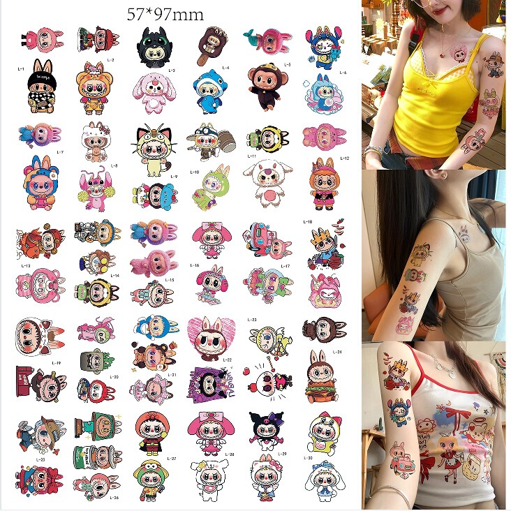 Cartoon cute graffiti creative girl colorful water transfer sticker temporary labubu tattoo sticker for arm