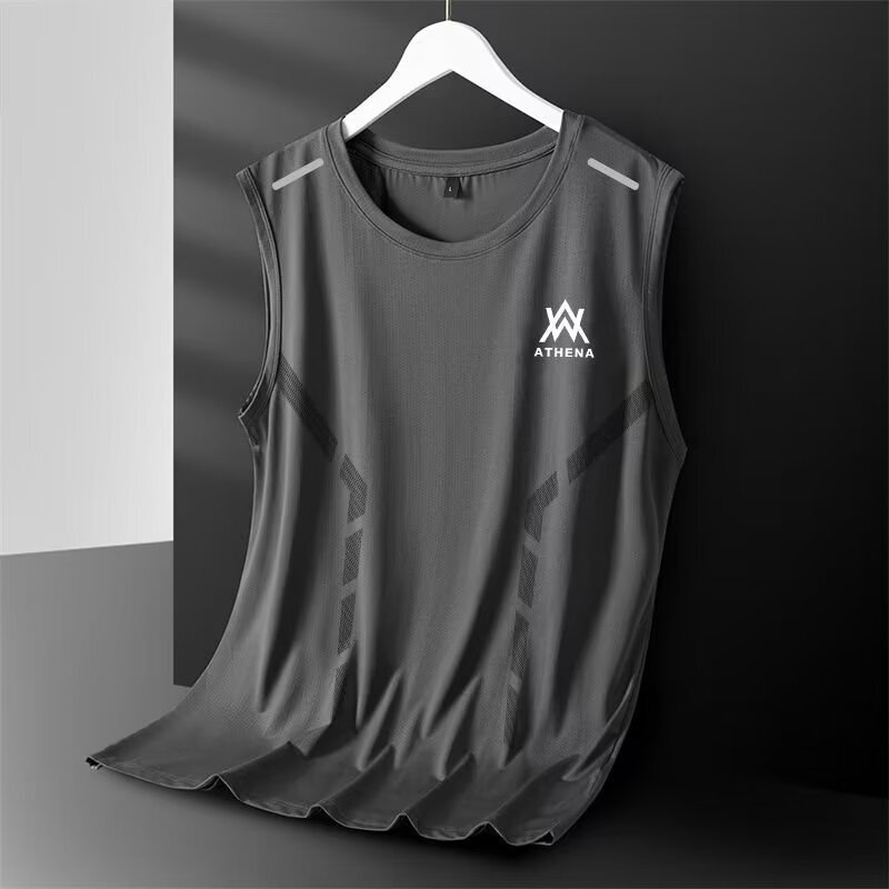 Ice Silk Vest Men's Trendy Thin Breathable Quick-Drying Sports Casual Wide Waistcoat Men's Round Neck Sleeveless T-Shirt Trendy