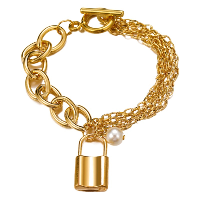 Personalidad europea y americana moda hueco elemento metal adornos de las mujeres retro pequeña cerradura colgante tobillera perla