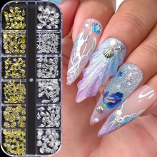 12格合金金属混装海洋贝壳美甲饰品轻奢风金银色海星海鸟美甲装饰