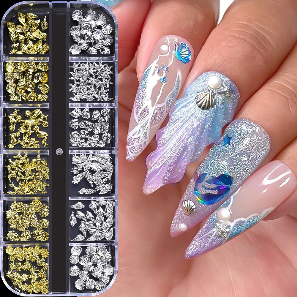 12格合金金属混装海洋贝壳美甲饰品轻奢风金银色海星海鸟美甲装饰