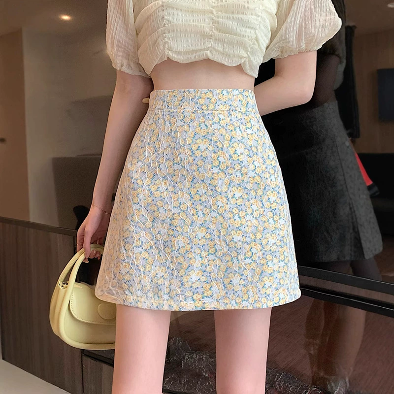 Летняя новая корейская версия свежей кружевной юбки с цветочным бюстом женский большой размер толстый мм с высокой талией тонкая юбка бедра юбка