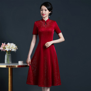 Summer New Style Short-sleeved Elegant Fashionable Slim-fit Collar Beaded dress Mid-length Mother's Wear