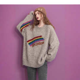 妖精的口袋宽松圆领套头毛衣女2025冬季新款字母刺绣设计感上衣