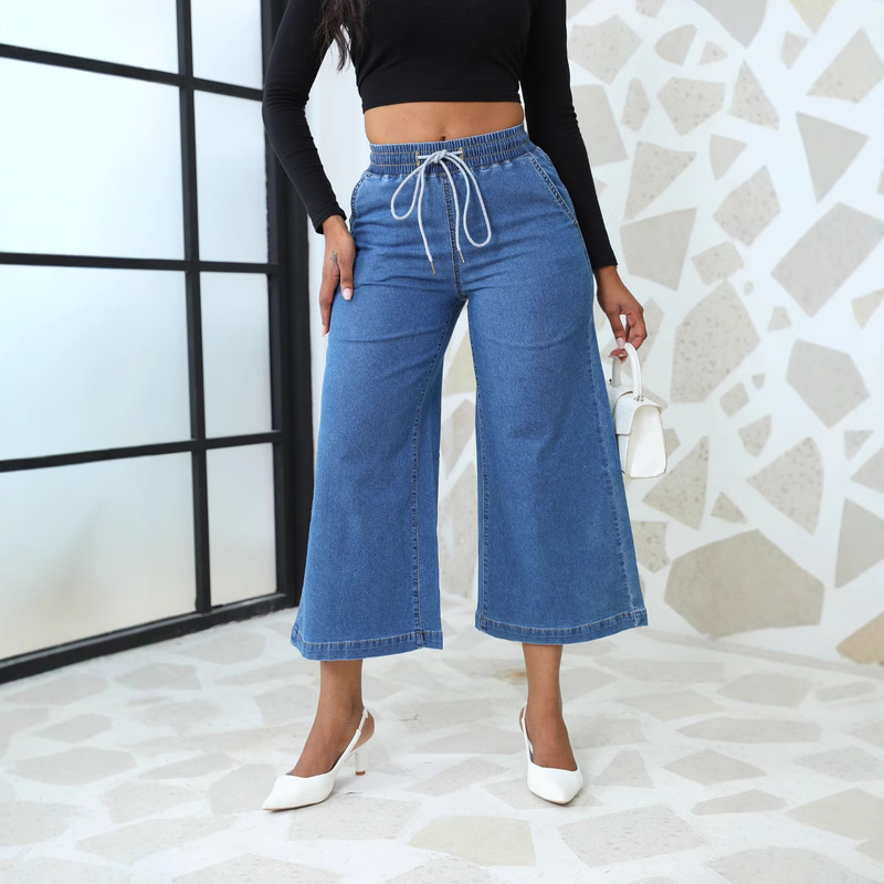 Fashion New 2025 Jeans Wholesale for Export, Elastic Drawstring Flared Wide-Leg Cropped Pants for Women