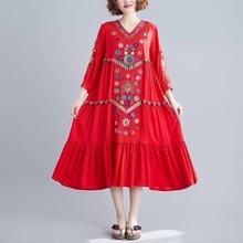 春季民族大摆型薄款棉白色连衣裙印花紧身国风复古棉麻裙装