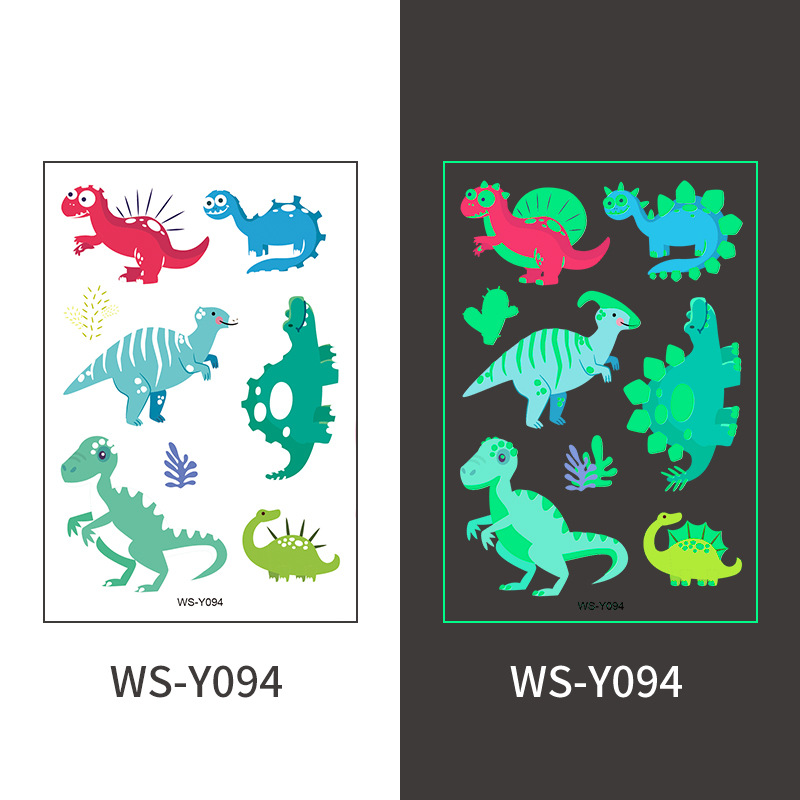 Pegatinas de tatuaje de dinosaurio luminoso Dibujos animados para niños Diversión Tyrannosaurus Rex Sudor impermeable Pegatinas de recompensa luminosas de color verde fluorescente temporal
