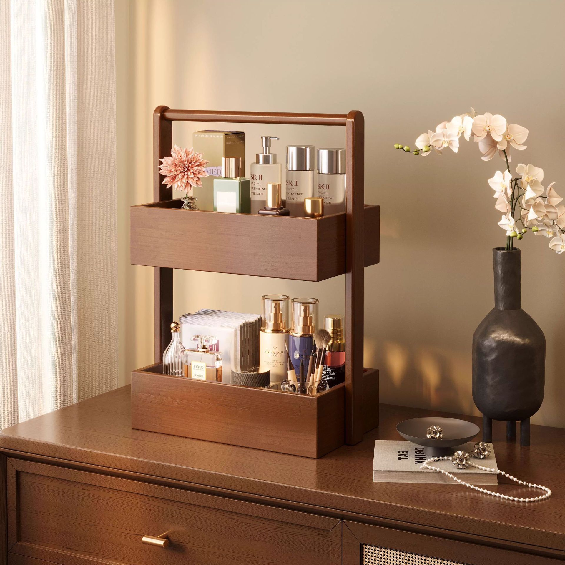 Caja de almacenamiento de cosméticos de madera maciza estante de escritorio lujoso de alto nivel de lápiz labial para productos de cuidado de la piel joyas estante de almacenamiento multicapa