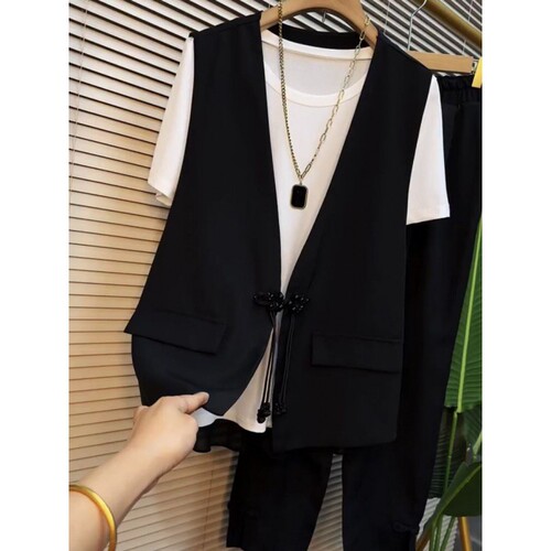 Plus Size Extra Large 300 Pounds Loose Stylish Sleeveless Vest Top Three-Piece Set for Women Summer Casual Vest Set