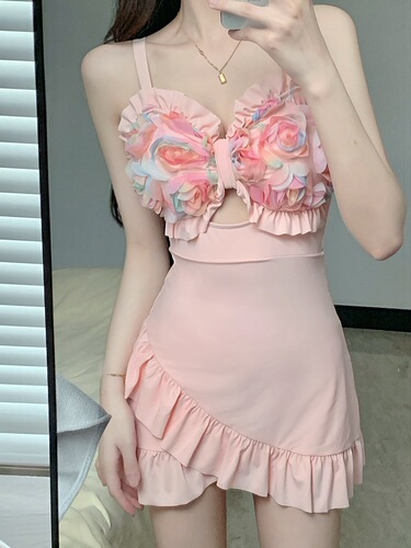 Flower bud one-piece skirt style slim conservative swimsuit for women hot spring beach vacation sweet girl student new style