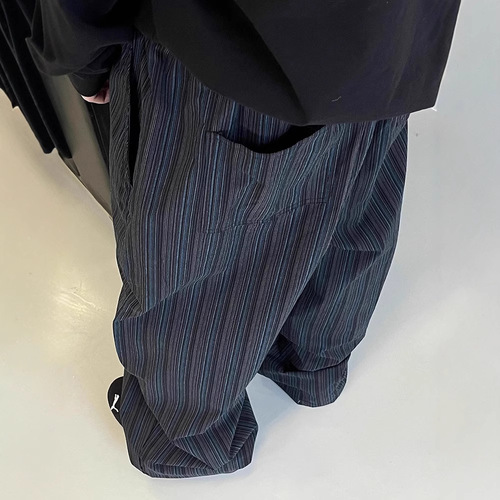 Autumn/Winter Retro Black and Blue Vertical Striped Straight-Leg Jogger Pants for Men, Can Be Tied at the Ankle or Drag on the Ground, Wide-Leg Long Pants