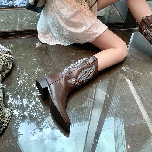 Cowboy Boots Embroidered Mid-Calf Martens Chelsea Boots Long Boots for Girls  New Arrival Direct Manufacturer Supply