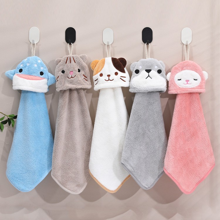 卡通小动物毛巾珊瑚绒吸水清洁小方巾可挂式便捷加厚擦手巾批发
