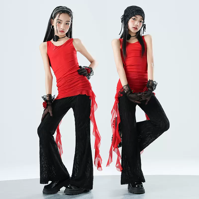 女童jazz演出服春夏爵士舞少儿上衣跳舞裤子套装潮酷时髦演出服装