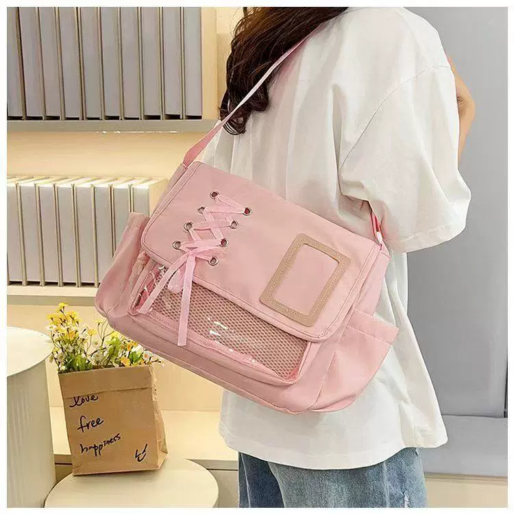 日系原创帆布包透明吧唧单肩包斜挎包学院风百搭简约大容量邮差包