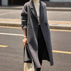 跨境欧美2025秋冬女士复古优雅双排扣毛呢大衣时尚休闲翻领长外套