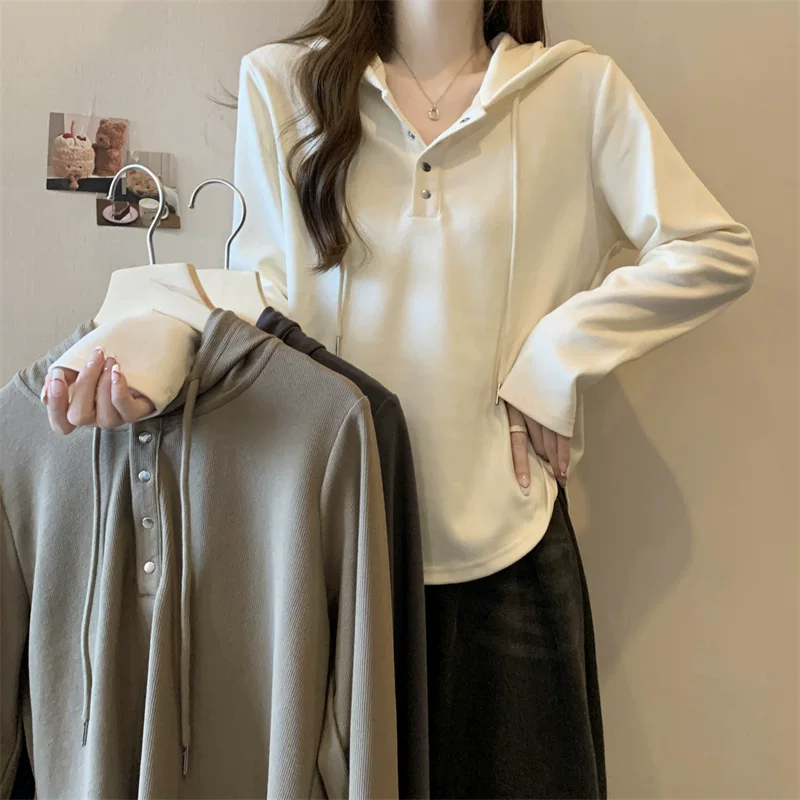 Hooded sweatshirt, oversized plus‑size long‑sleeve, autumn casual, drawstring and button placket