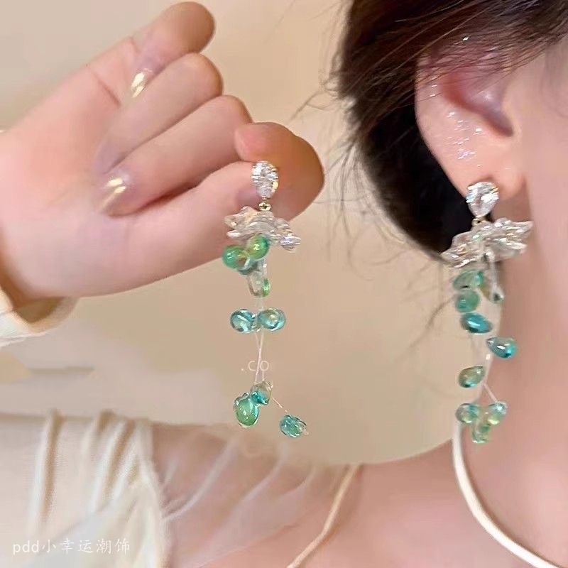绿色海岛串珠花朵耳钉女2025新款海边度假风耳环夸张配饰耳饰|undefined