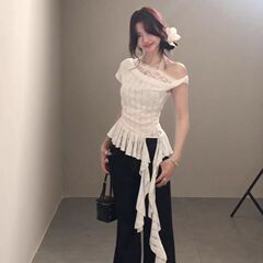 クロスボーダー貿易特別供給ドロップシッピング不規則なレースワンショルダー半袖Tシャツレディーススリムフィットトップ