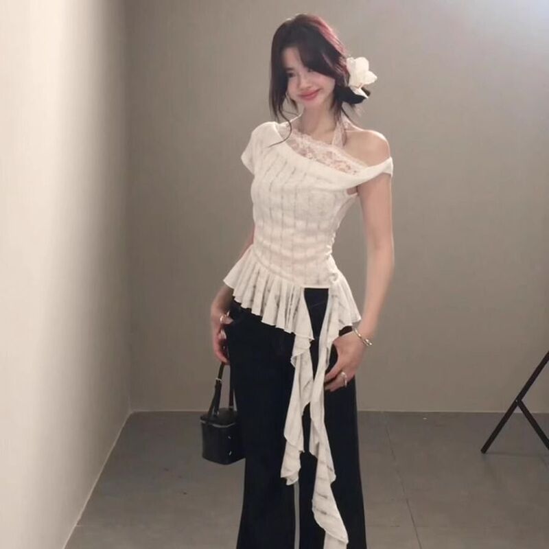 Cross-Border Foreign Trade Specializes in Dropshipping Asymmetrical Lace One-Shoulder Short-Sleeved T-Shirts for Women Slimming Tops