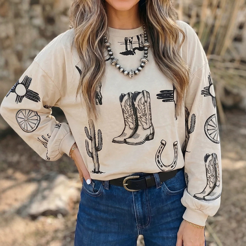 2026 Autumn New Pullover Long Sleeve Top Women's European and American Style Trendy Western Print Loose Sweatshirt 2026 Autumn New Pullover Long Sleeve Top Women's European and American Style Trendy Western Print Loose Sweatshirt