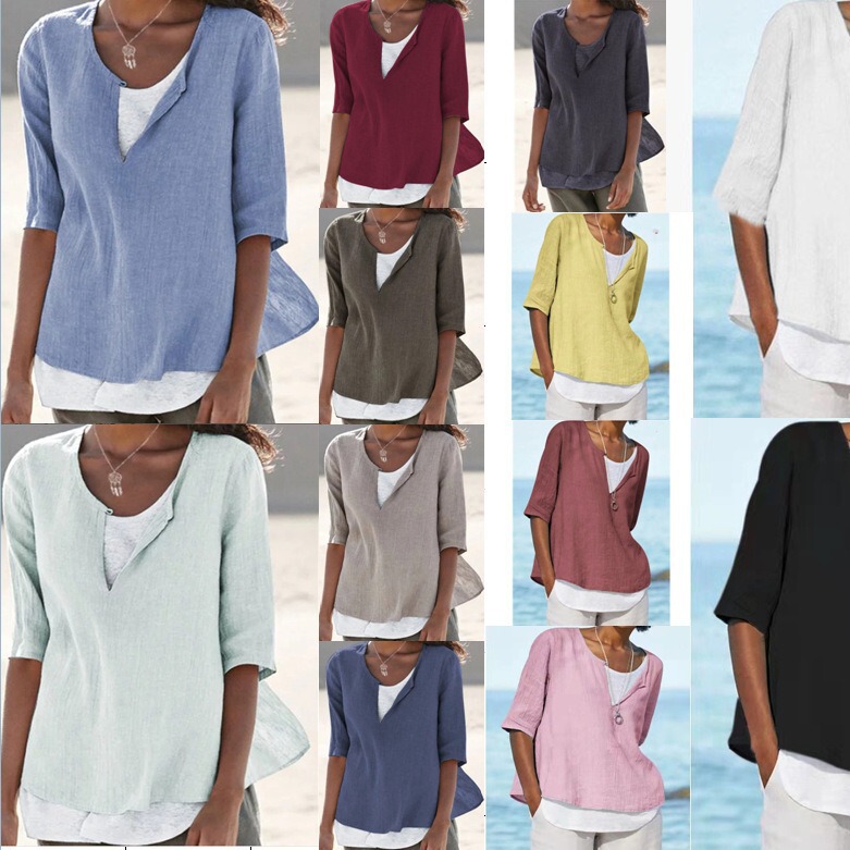 2026 Spring and Summer European and American Cross-Border Wish Amazon Ebay V-Neck Solid Color Cotton and Linen Large Size Mid-Sleeve Women's Shirt