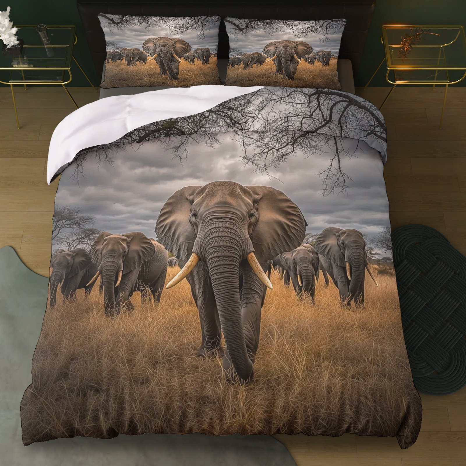 TEMU / JIT impresión digital abrasión oscuro elefante estilo animal set edredón para diseñar