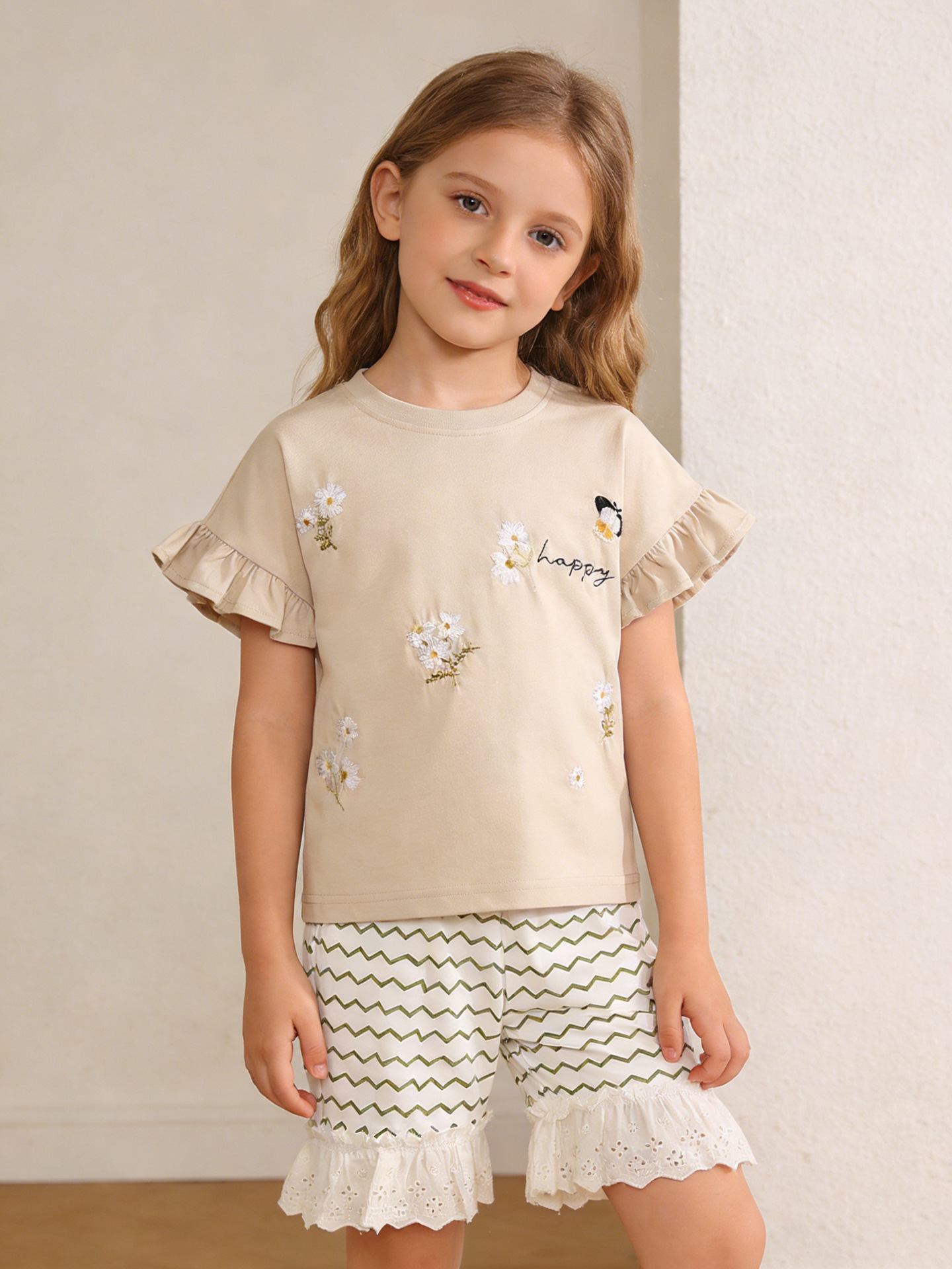 Cross-Border 26-Year Spring/Summer Children's Short-Sleeve Set with Cute Floral Embroidery, Round Neck, Striped Lace, Girls' Set in Stock