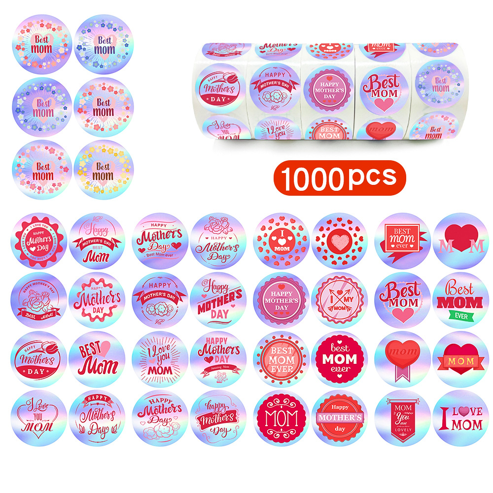 1000PCS/1英寸，全息镭射卷装圆形母亲节贴纸礼品装饰不干胶标签