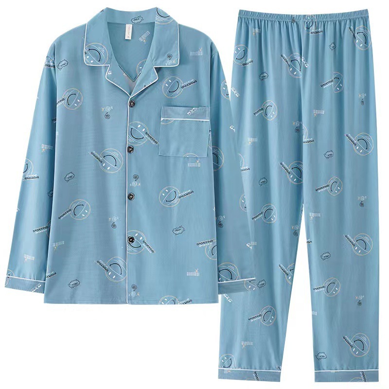 Pijamas de algodón para hombres primavera y otoño de manga larga juventud de mediana edad grande suelta se puede usar fuera de casa de verano conjunto de ropa