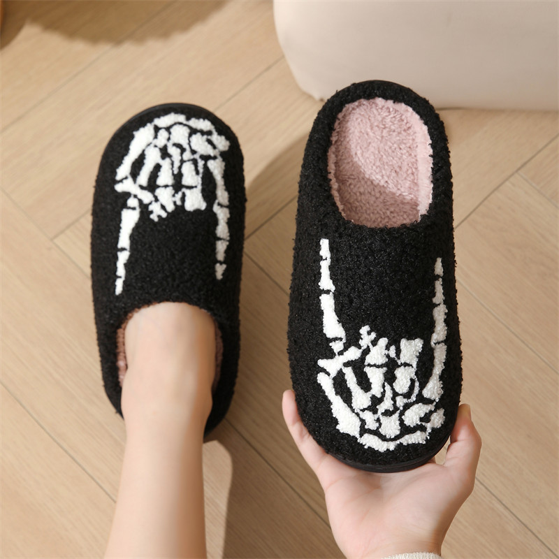 Skull Finger Pattern Skull Embroidery stuffed Home Platform Cozy Wool Cotton Slippers Rock Finger Warm Non-slip Indoor Slippers S044_voghion.com
