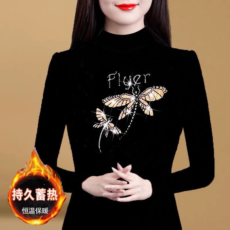 薄款/加绒半高领镶钻黑色打底衫弹性大码长袖恤女中年小衫潮