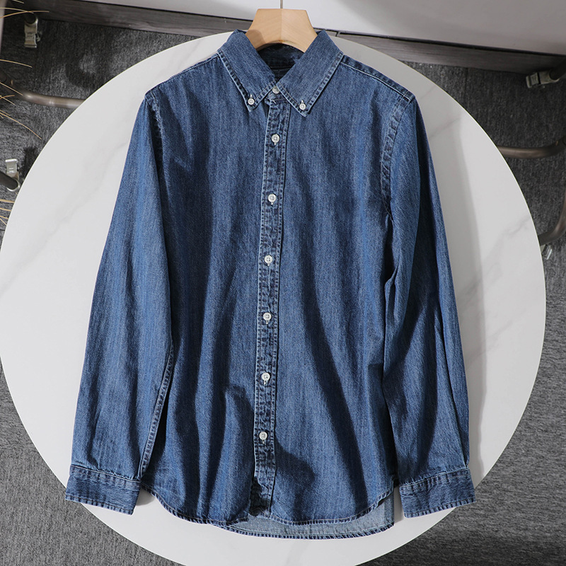 American Women's Spring and Autumn Washed Denim Shirt, Long-Sleeve Polo Shirt 2296