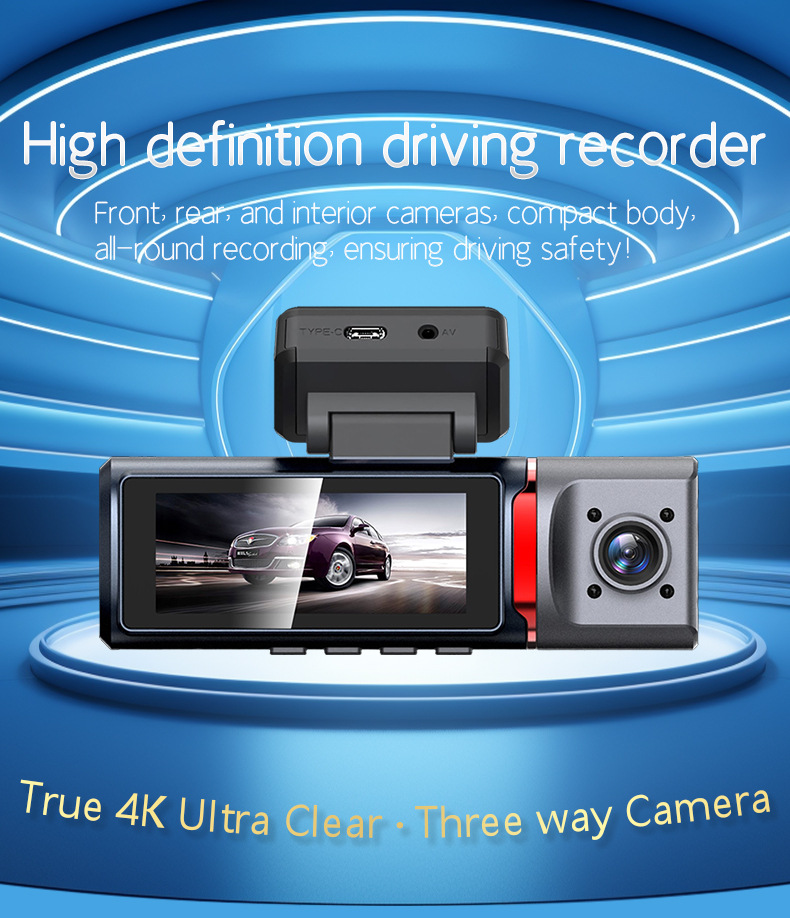 Cross-Border 4K High-Definition Night Vision 3.19inch Dash Cam with Three Lenses Recording Simultaneously from the Front, Inside the Car, and from the Rear, with Wifi