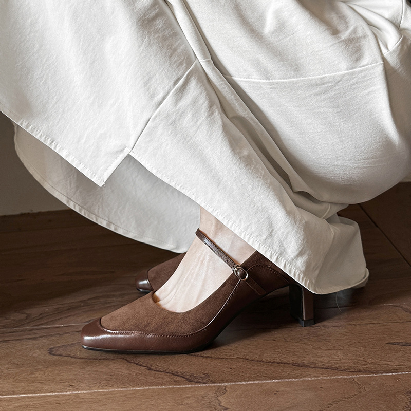 French Style Womens Suede Leather Mary Jane 2025 Spring Mid Heel