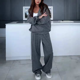 2025秋季新款亚马逊独立站欧美跨境外贸女装V领长袖T恤长裤两件套