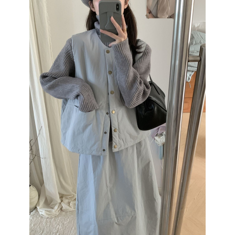 三件套装女秋冬新款气质简约圆领开衫马甲叠穿长袖毛衣半身长裙子|undefined