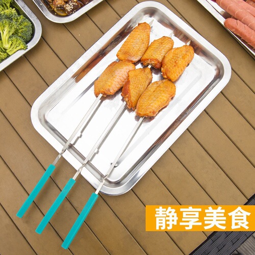 Heat-resistant stainless steel silicone barbecue skewer Outdoor camping barbecue accessories barbecue silicone flat skewer 5-piece set wholesale