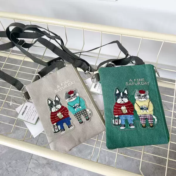 Japanese Kusuguru Embroidered French Bulldog Cat Handbag Touchable Mobile Phone Bag Crossbody Bag Canvas Bag 402