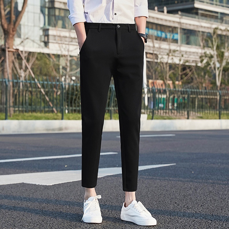 Men's Dress Pants Slim Fit Cropped Casual Pants Korean Style Versatile Color Cropped Pants