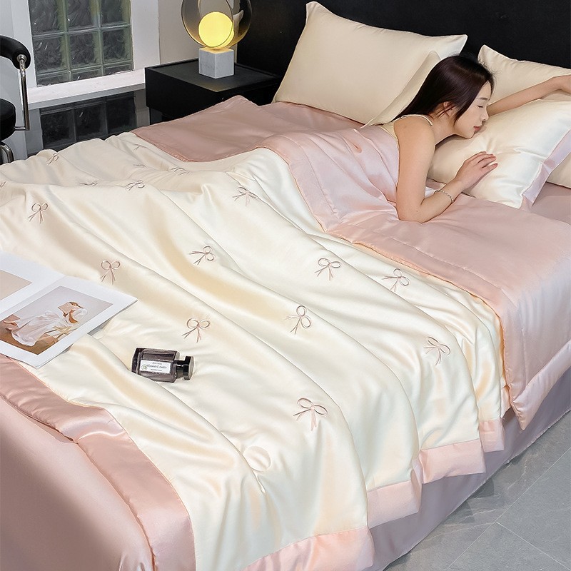 Solid Color Simple Style Summer Quilt with Full Embroidery Series, Washed Ice Silk Summer Quilt Four-Piece Set, Air Conditioning Quilt Core Bedding