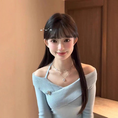 2025春秋设计感小众交叉修身显瘦上衣甜美风韩系一字肩挂脖女装潮
