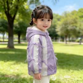 女童粉色拼接外套春秋款冲锋衣洋气花边加棉小仙女运动连帽棉衣