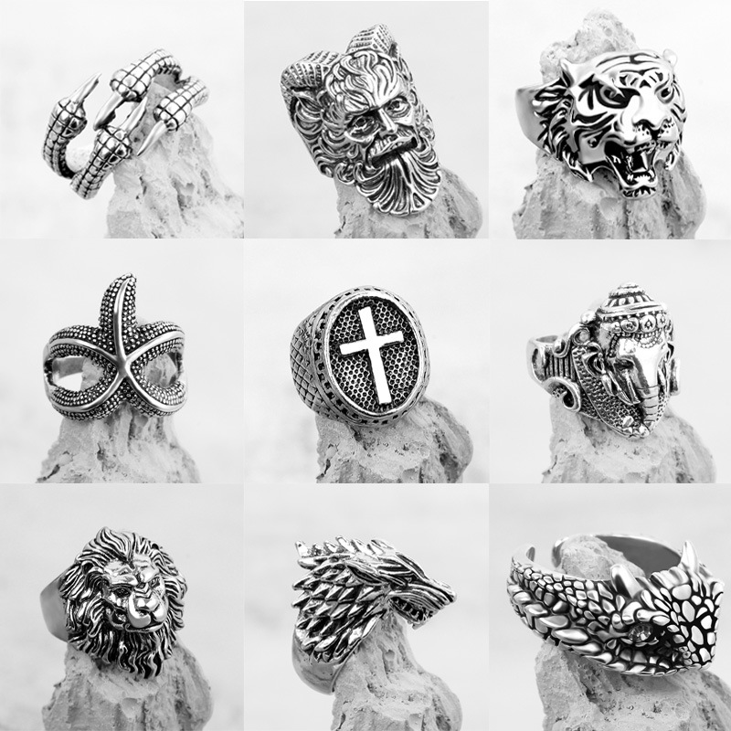 Vintage nightclub punk wolf head set ring starfish Spider Eagle Lion Dragon cross spirit snake ring men