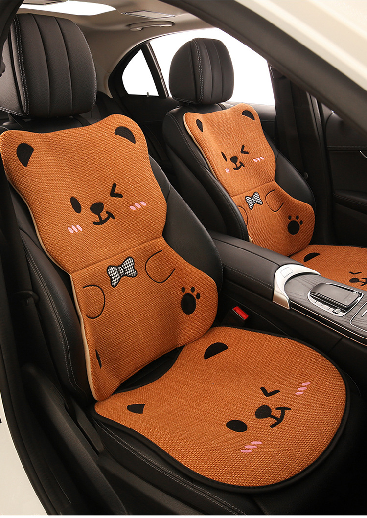Car Seat Cushion Bear Cartoon Four-Season Universal Non-Slip Anti-Dirt Linen Seat Cover Protective Cover Full-Cover Linen Cartoon