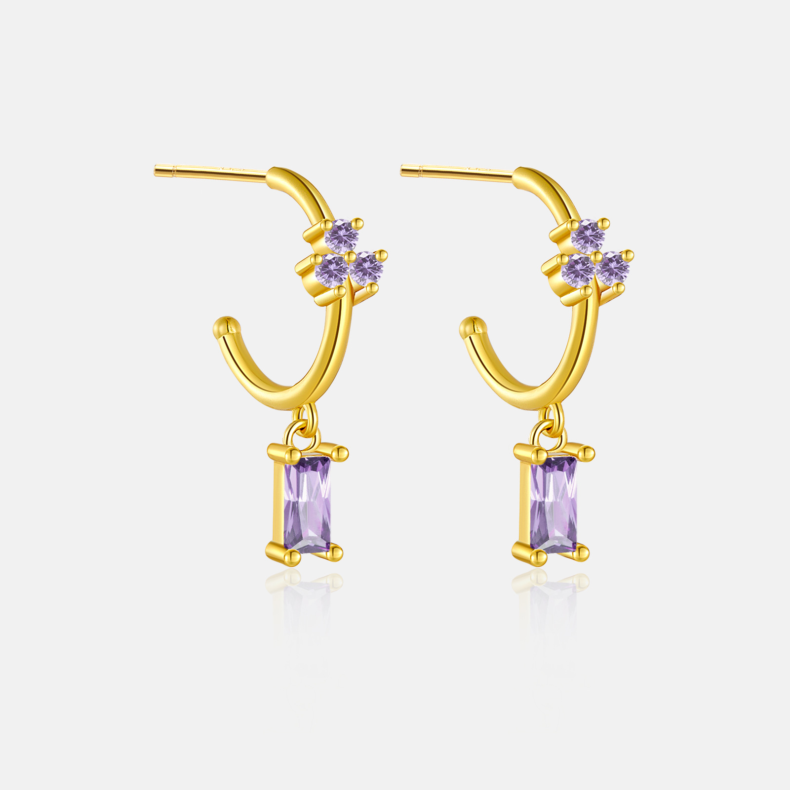 18K Real Gold Plated, Platinum Plated Plating Material Zircon Inlay Material 1 Pair 18K Gold Plated 925 Sterling Silver Zircon C Shape Rectangle Drop Earrings