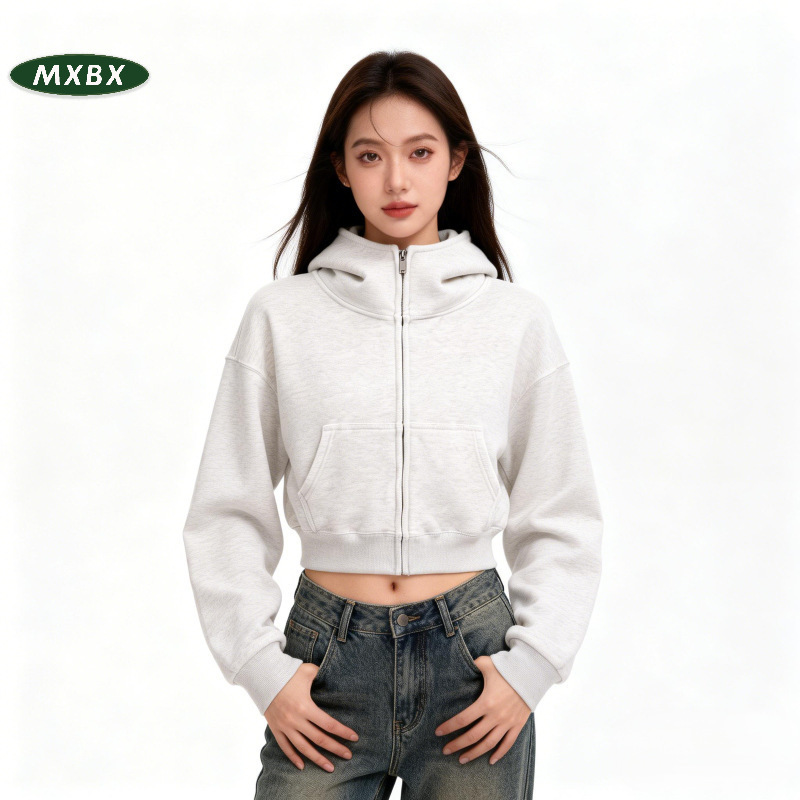 Women's 400g 85% cotton zip-up half-high collar hooded sweatshirt, solid color top, slimming and versatile jacket for petite women