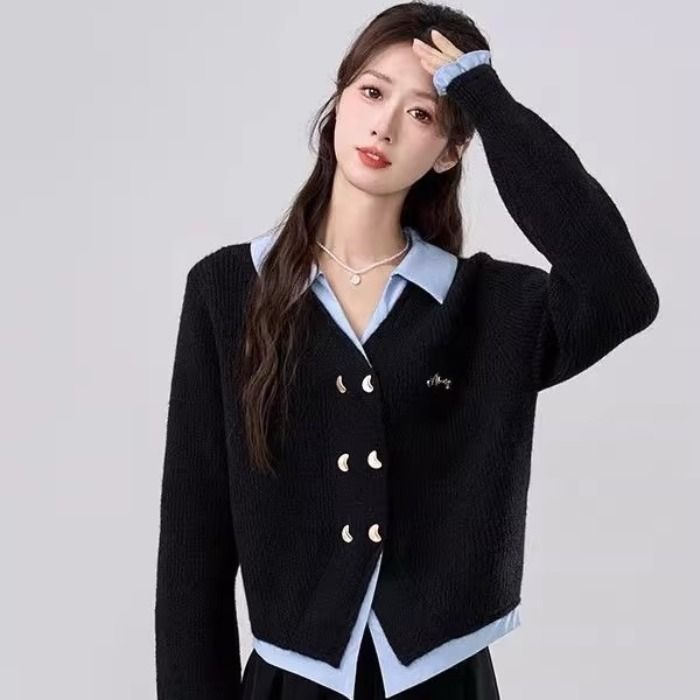 假两件POLO领毛衣女春秋2025新款学院风拼接针织开衫外套短款上衣|undefined