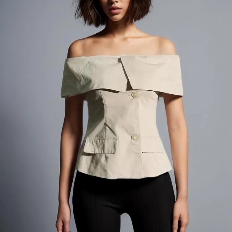 Fashionable Socialite Style 2026 Summer New Off-Shoulder Design with Patchwork Slim-Fit Blazer Top