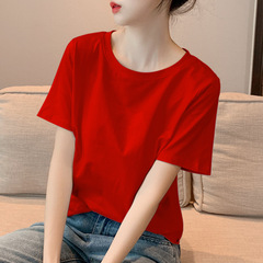 大きい赤色の半袖のtシャツの女性の夏の新型のゆったりしているtシャツの純綿の丸首のカジュアルな半袖のシンプルな綿の上着